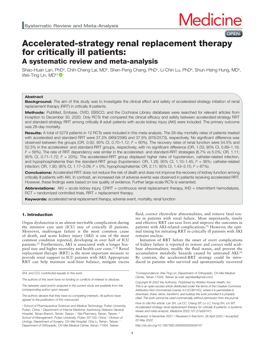 Pdf Accelerated Strategy Renal Replacement Therapy For Critically Ill Patients A Systematic 