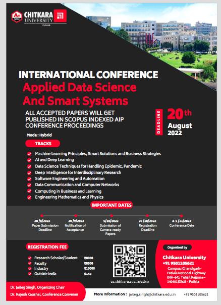 PDF) International Conference on Applied Data Science and Smart Systems  https://ca.chitkara.edu.in/adsss/