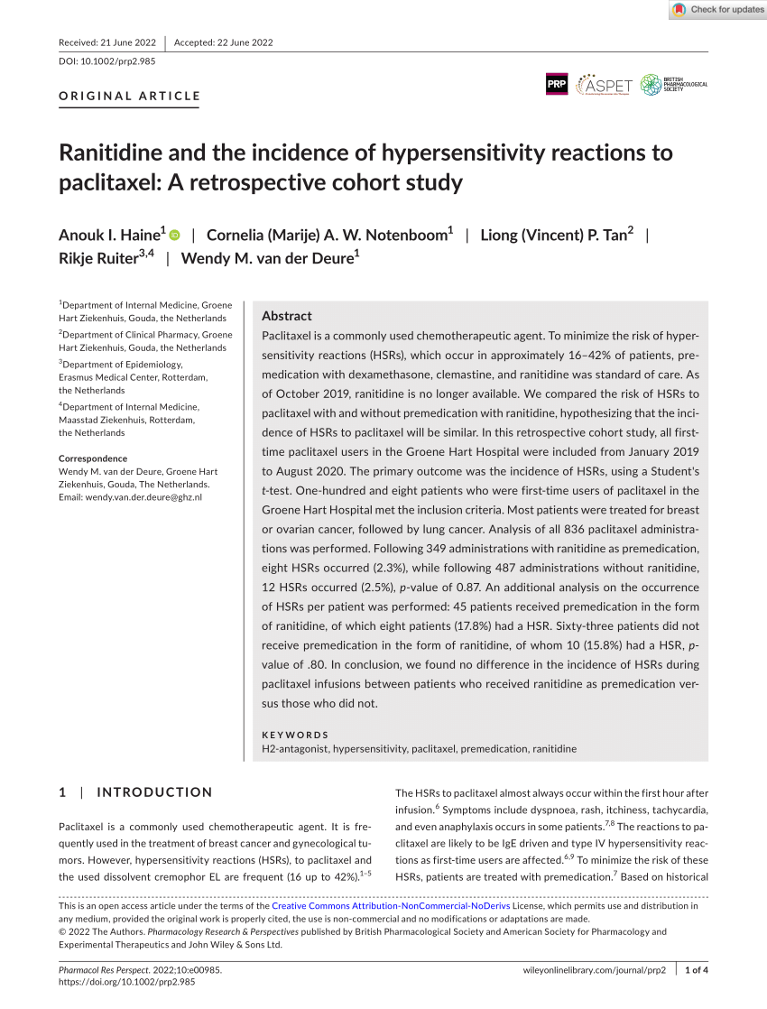PDF) Ranitidine and the incidence of hypersensitivity reactions to paclitaxel A cohort study