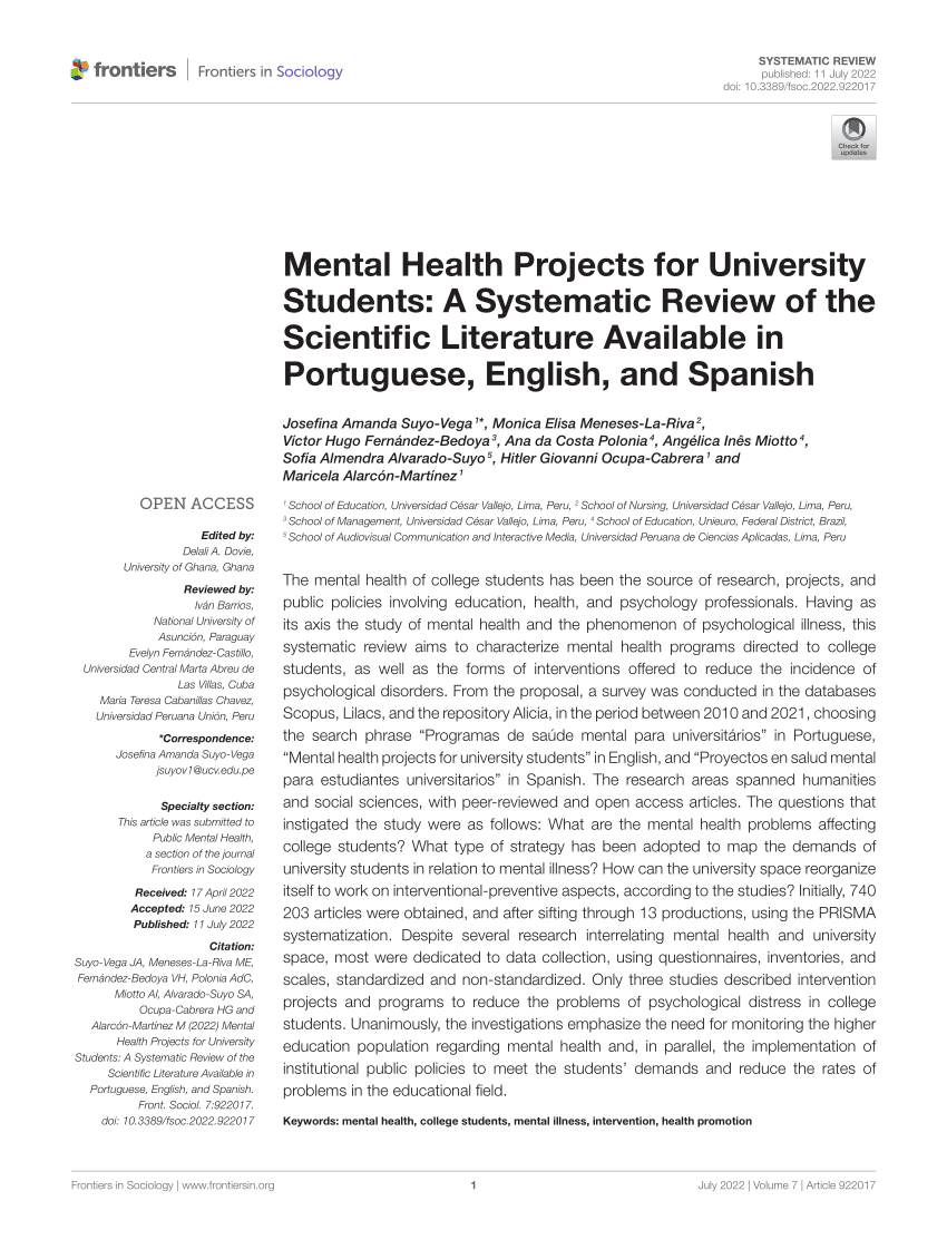 PDF) Mental Health Projects for University Students: A Systematic Review of  the Scientific Literature Available in Portuguese, English, and Spanish