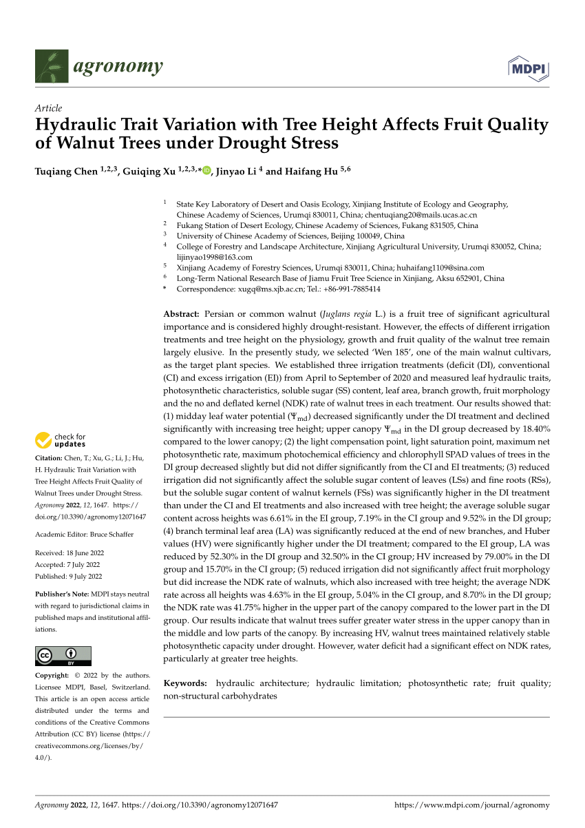Pdf Hydraulic Trait Variation With Tree Height Affects Fruit Quality Of Walnut Trees Under Drought Stress