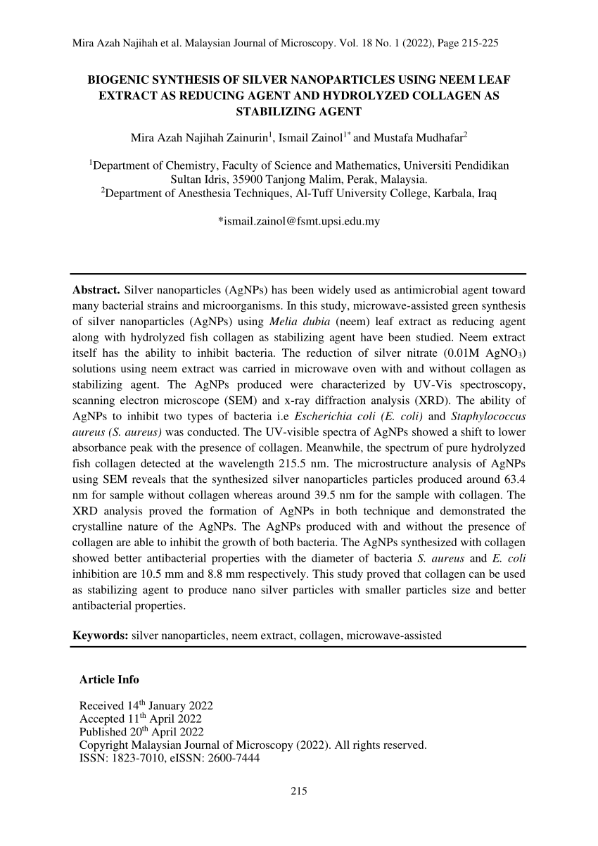 Pdf Biogenic Synthesis Of Silver Nanoparticles Using Neem Leaf Extract As Reducing Agent And 8950