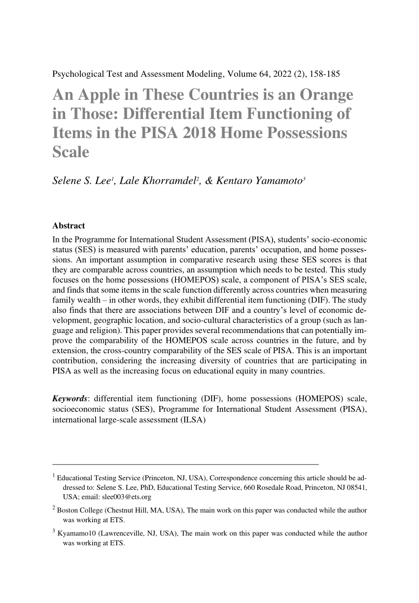 PDF) An Apple in These Countries is an Orange in Those: Differential Item  Functioning of Items in the PISA 2018 Home Possessions Scale