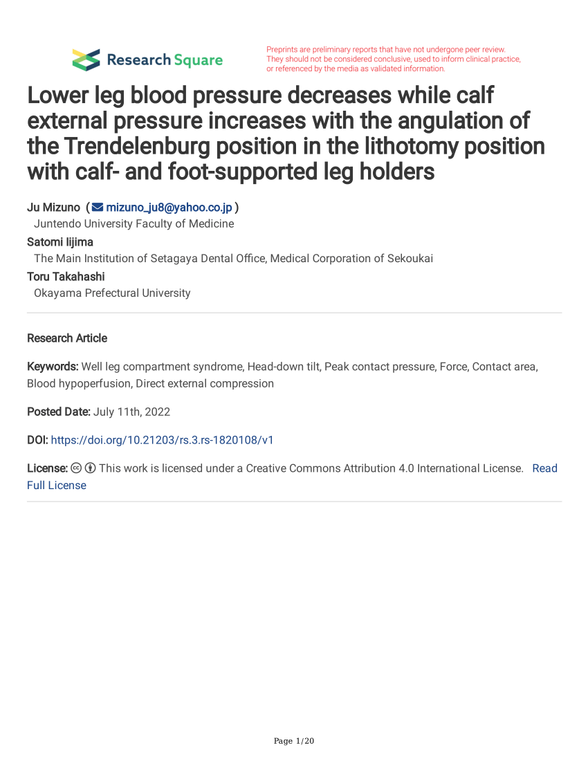 PDF) Lower leg blood pressure decreases while calf external pressure  increases with the angulation of the Trendelenburg position in the  lithotomy position with calf- and foot-supported leg holders