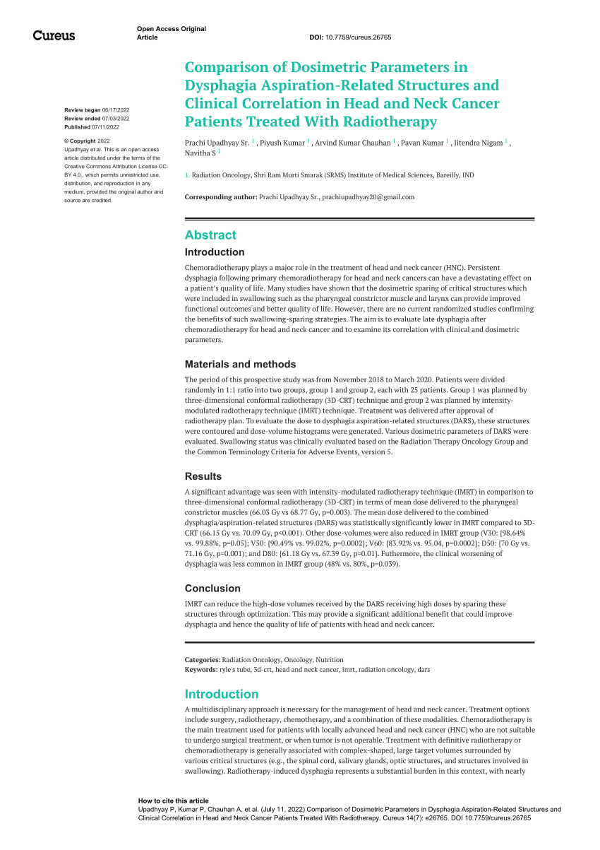 Pdf Comparison Of Dosimetric Parameters In Dysphagia Aspiration Related Structures And 