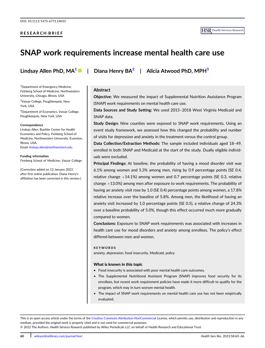 (PDF) SNAP Work Requirements Increase Mental Health Care Use