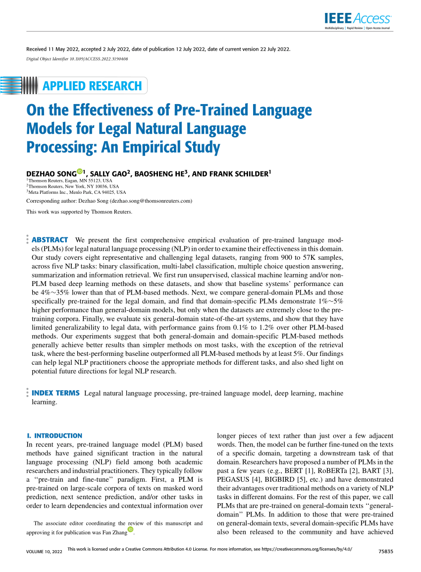 PDF On The Effectiveness Of Pre Trained Language Models For Legal Natural Language Processing