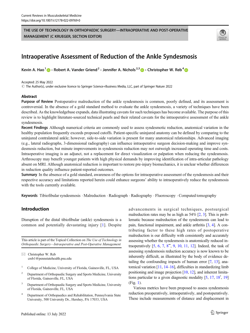 PDF Intraoperative Assessment of Reduction of the Ankle Syndesmosis 