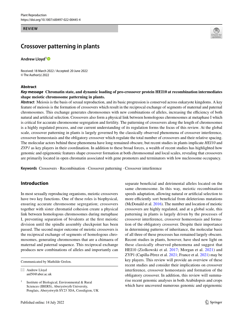 PDF) Crossover Patterning in Plants