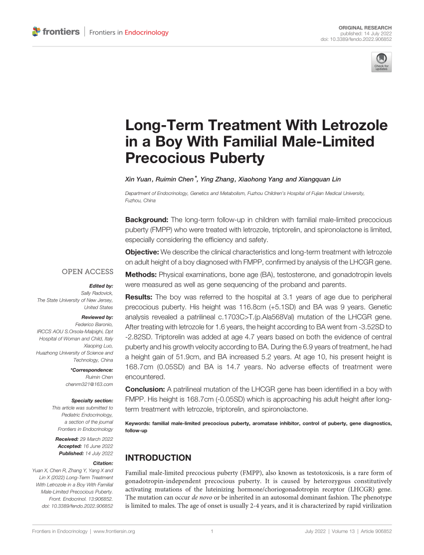 Pdf Long Term Treatment With Letrozole In A Boy With Familial Male Limited Precocious Puberty