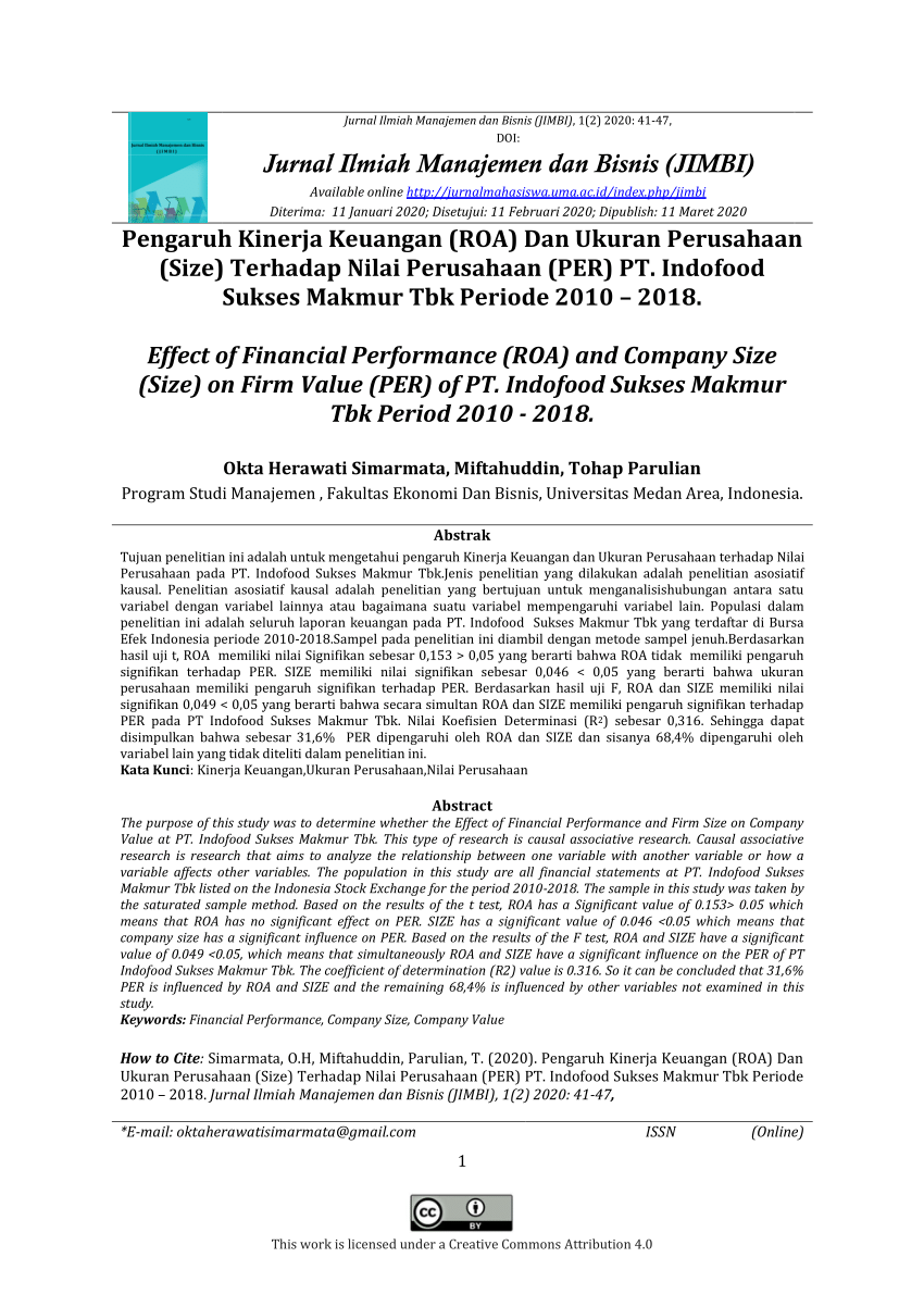 Pdf Pengaruh Kinerja Keuangan Roa Dan Ukuran Perusahaan Size Terhadap Nilai Perusahaan 0146