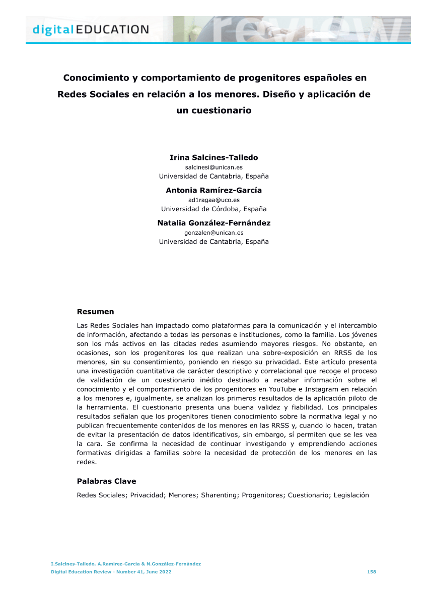 Pdf Conocimiento Y Comportamiento De Progenitores Españoles En Redes Sociales En Relación A 8569