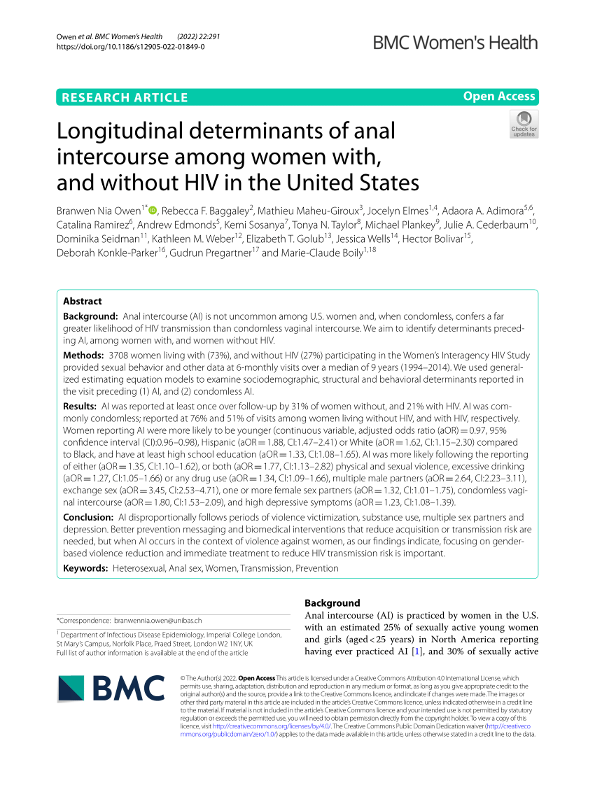 PDF) Longitudinal determinants of anal intercourse among women with, and  without HIV in the United States