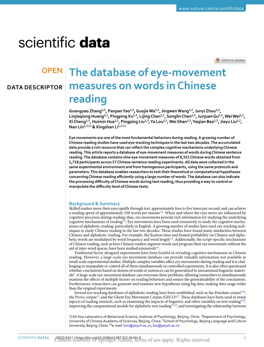 Pdf The Database Of Eye Movement Measures On Words In Chinese Reading