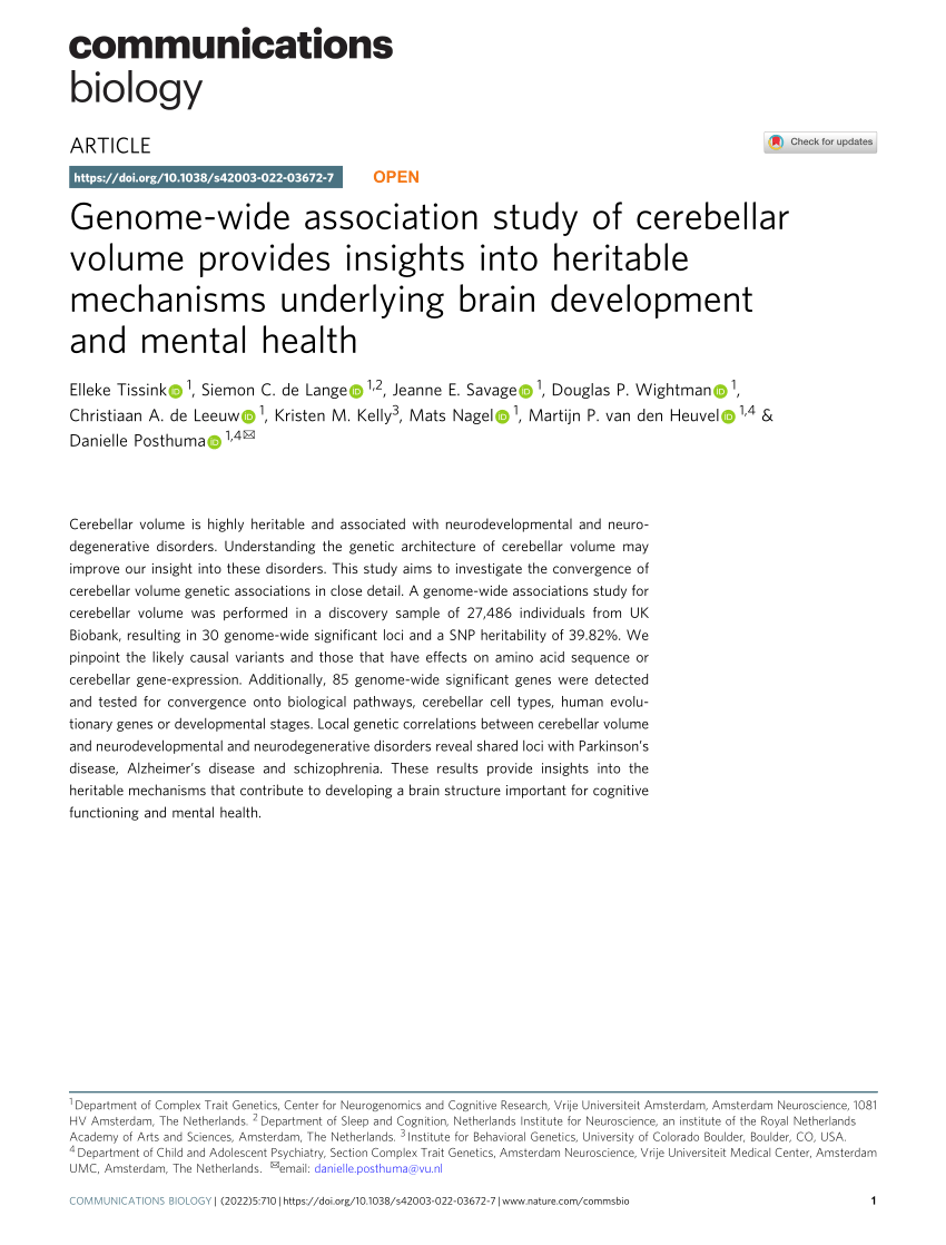 PDF) Genome-wide association study of cerebellar volume provides insights  into heritable mechanisms underlying brain development and mental health