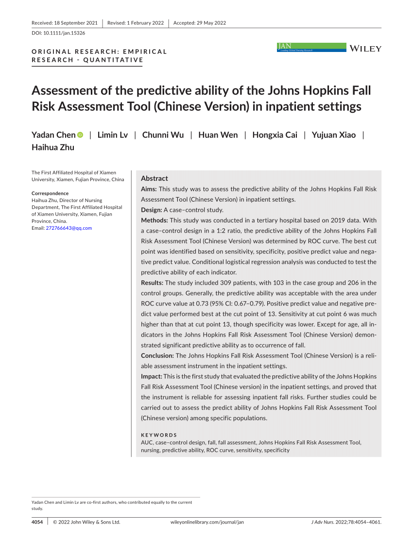 Assessment of the predictive ability of the Johns Hopkins Fall Risk