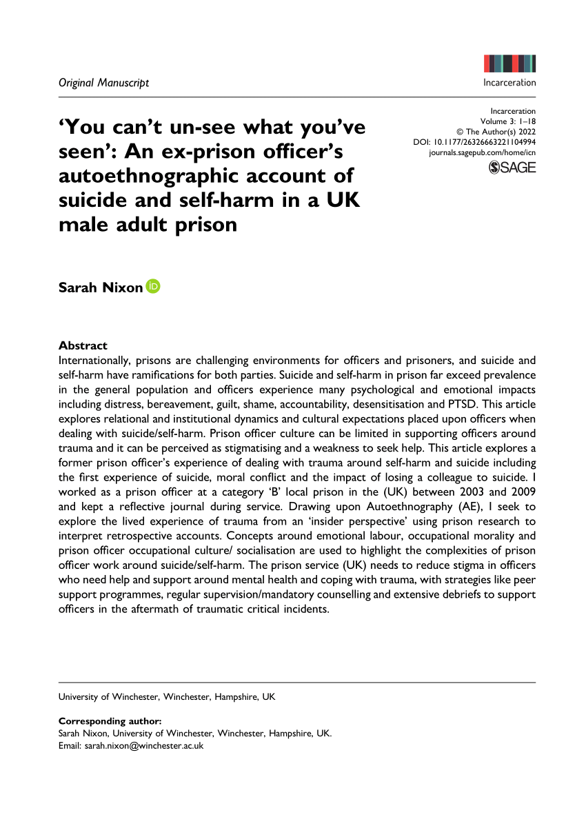 PDF) You cant un-see what youve seen An ex-prison officers autoethnographic account of suicide and self-harm in a UK male adult prison picture