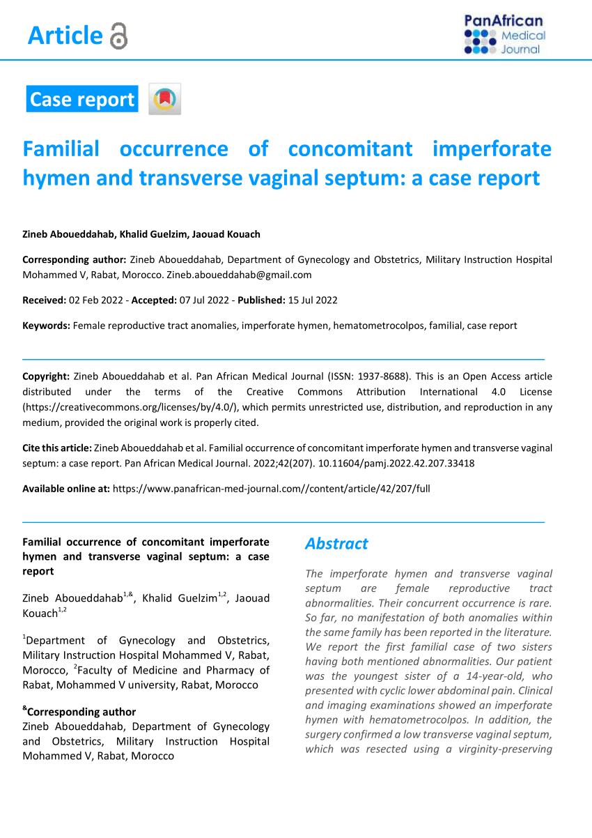 Pdf Familial Occurrence Of Concomitant Imperforate Hymen And
