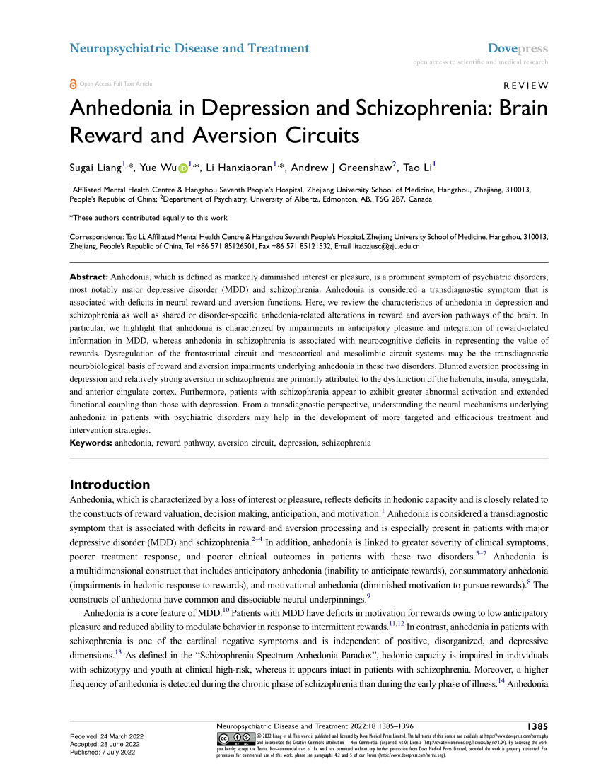 Pdf Anhedonia In Depression And Schizophrenia Brain Reward And