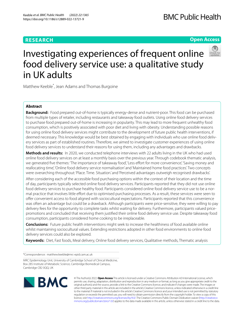 PDF) Investigating experiences of frequent online food delivery service use a qualitative study in UK adults