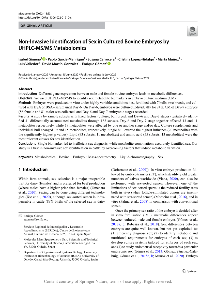 Non Invasive Identification of Sex in Cultured Bovine Embryos by  