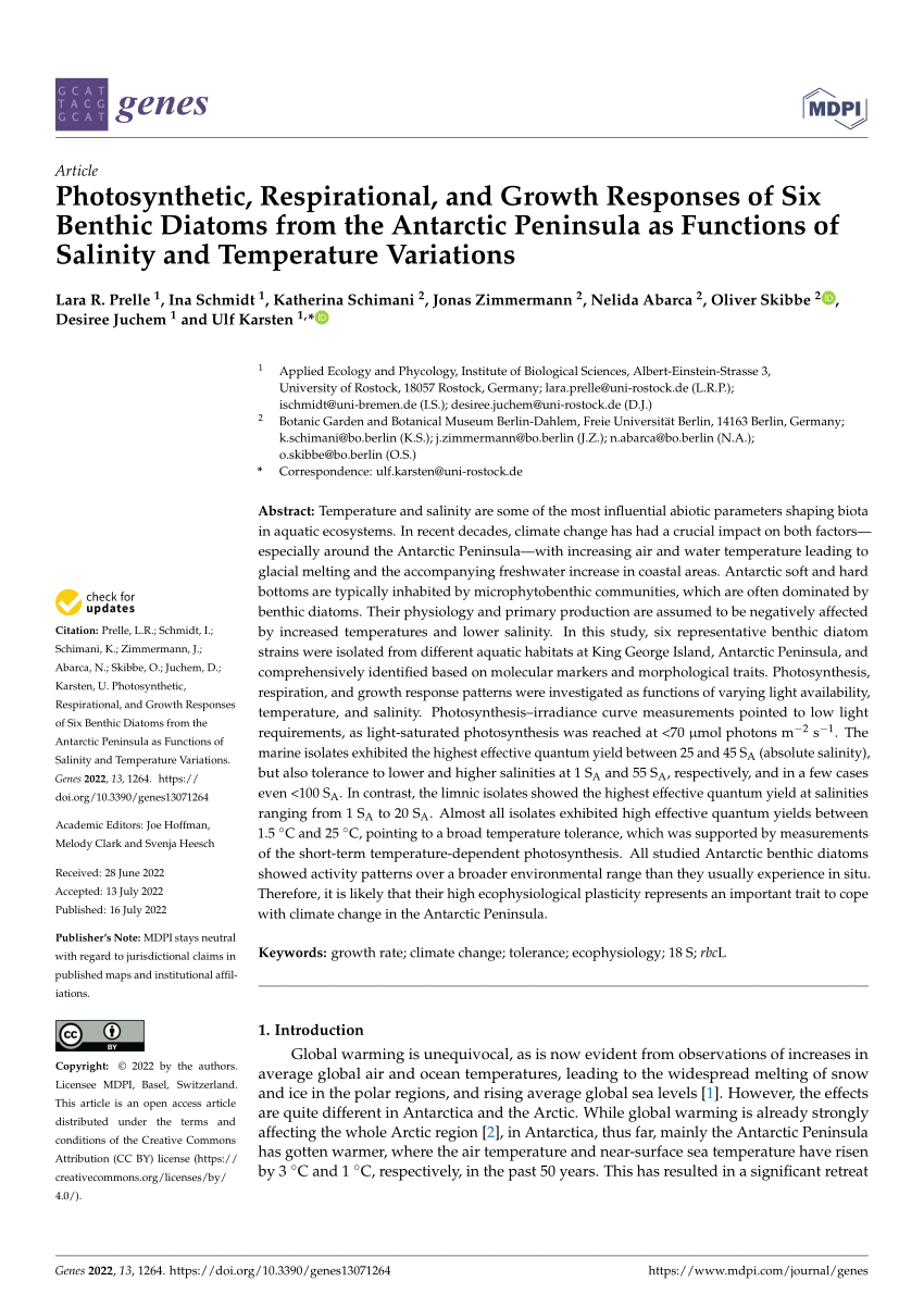 PDF) Photosynthetic, Respirational, and Growth Responses of Six Benthic  Diatoms from the Antarctic Peninsula as Functions of Salinity and  Temperature Variations