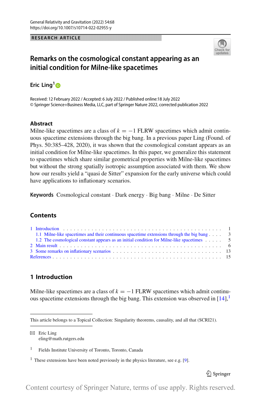 Eric Ling - Remarks on the cosmological constant appearing as an initial  condition for Milne-like 