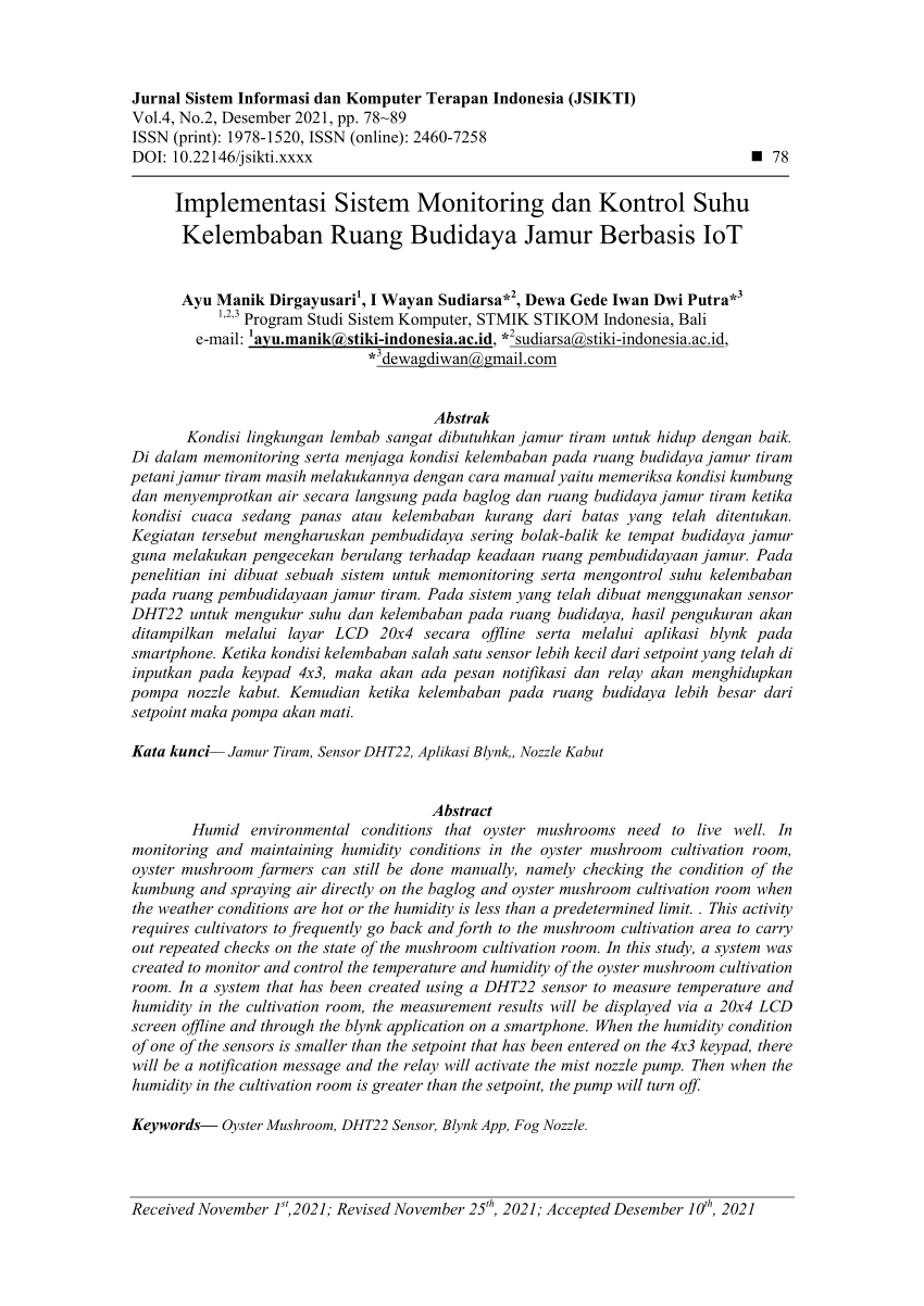 Pdf Implementasi Sistem Monitoring Dan Kontrol Suhu Kelembaban Ruang
