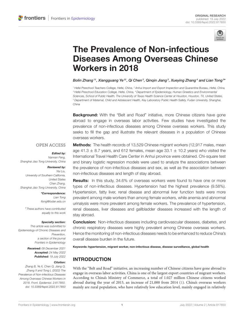 PDF The Prevalence of Non infectious Diseases Among Overseas  