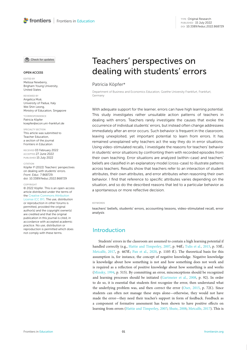 Pdf Teachers Perspectives On Dealing With Students Errors