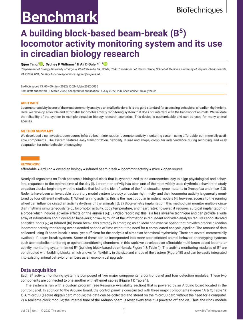 PDF) A building block-based beam-break (B 5 ) locomotor activity monitoring  system and its use in circadian biology research