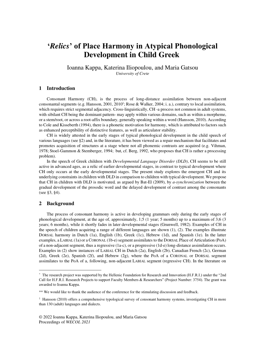 PDF) 'Relics' of Place Harmony in Atypical Phonological Development in  Child Greek