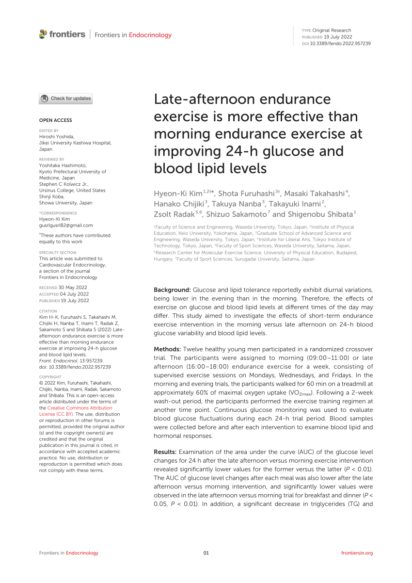 Pdf Late Afternoon Endurance Exercise Is More Effective Than Morning Endurance Exercise At Improving 24 H Glucose And Blood Lipid Levels