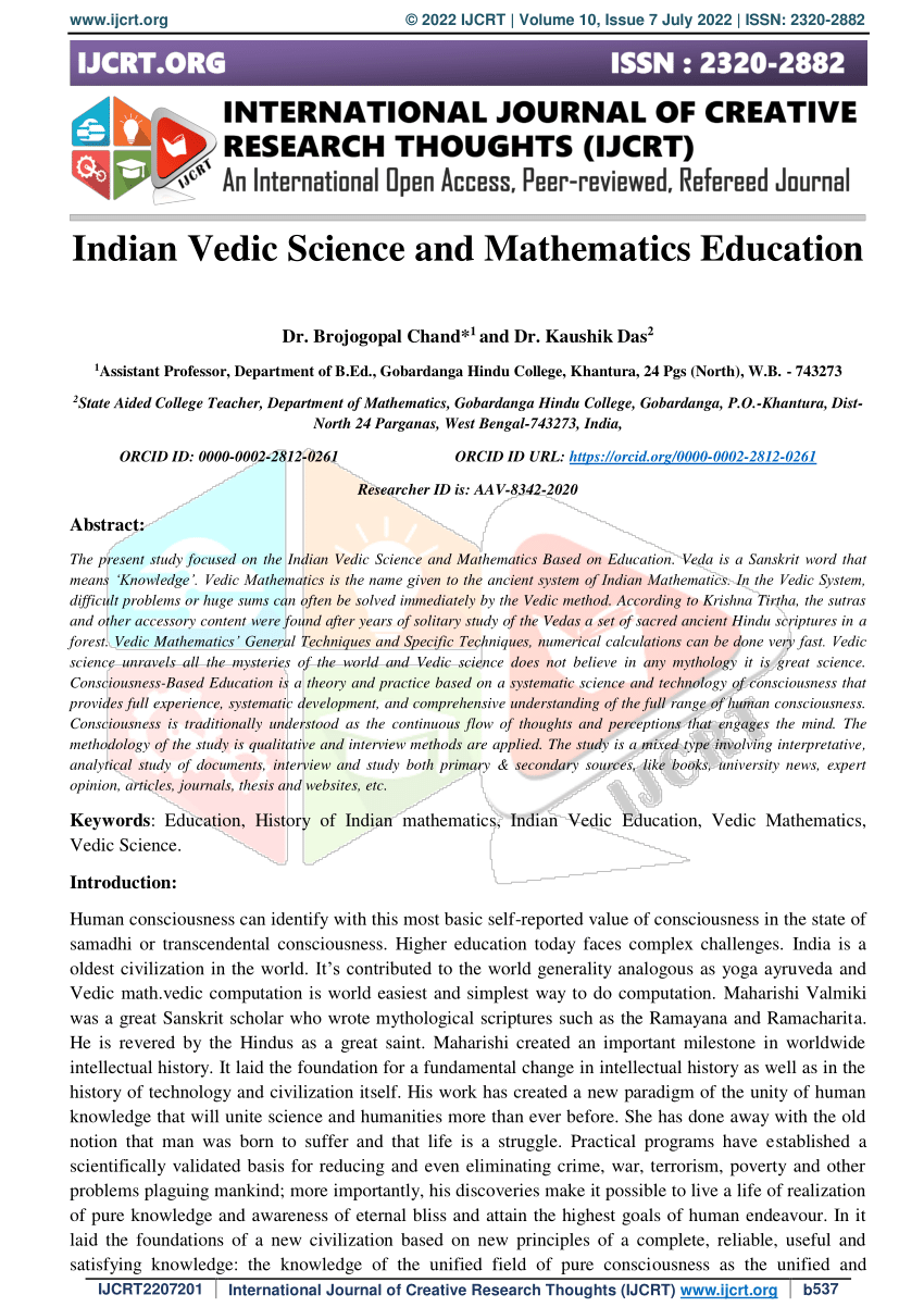 Pdf Indian Vedic Science And Mathematics Education