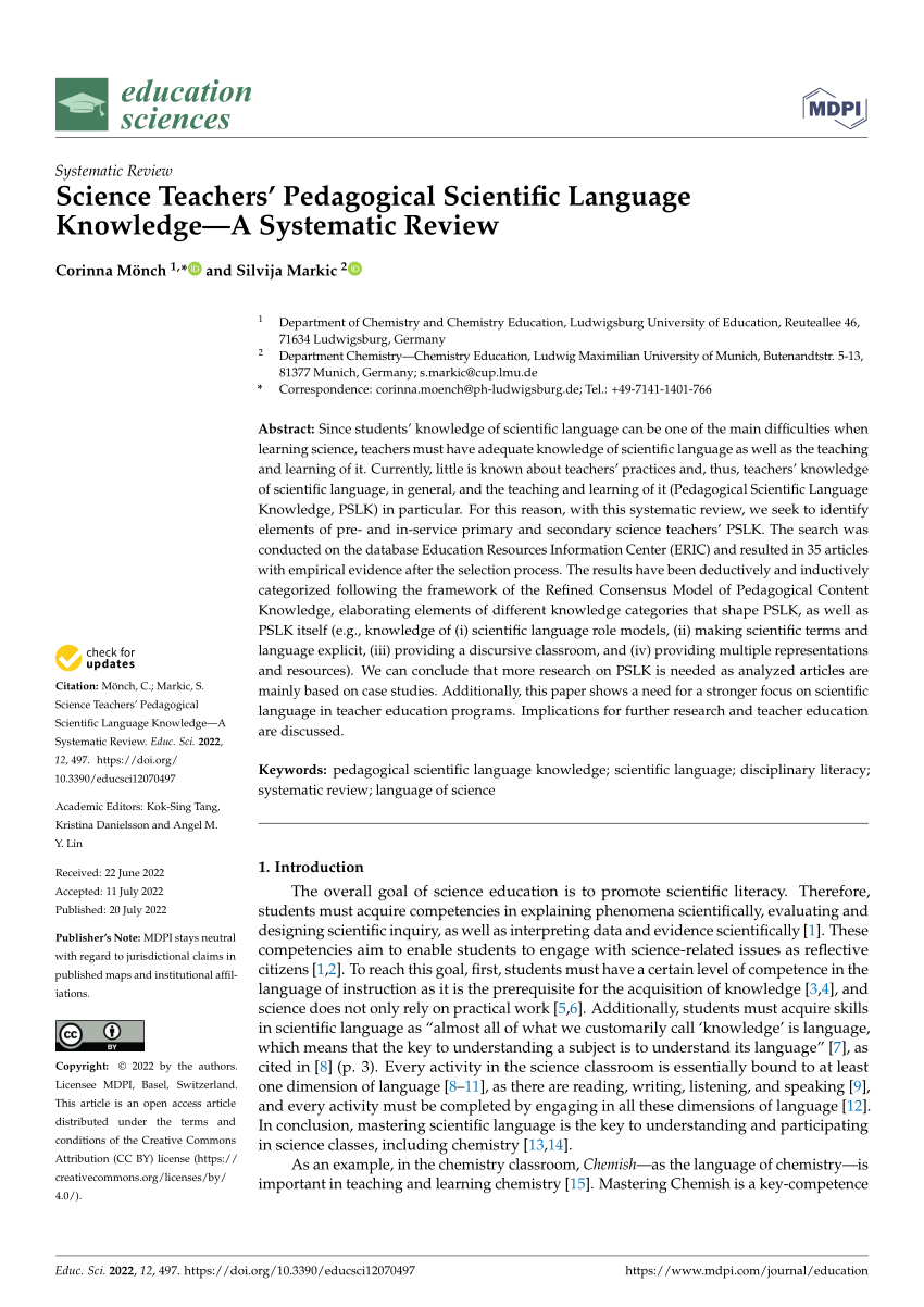 (PDF) Science Teachers’ Pedagogical Scientific Language Knowledge—A