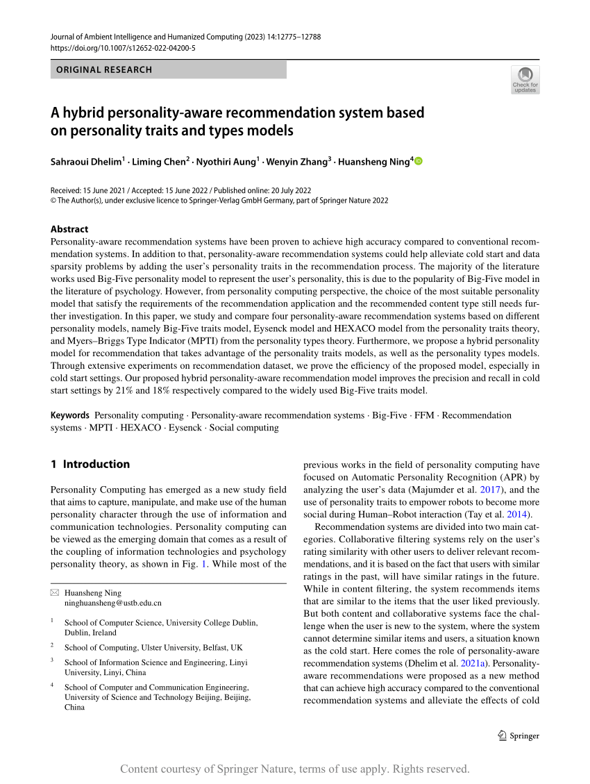 A Hybrid Personality Aware Recommendation System Based On Personality