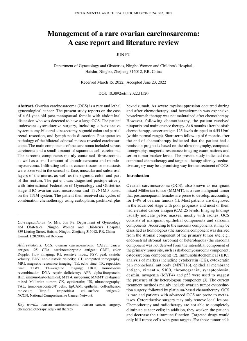 Pdf Management Of A Rare Ovarian Carcinosarcoma A Case Report And Literature Review 