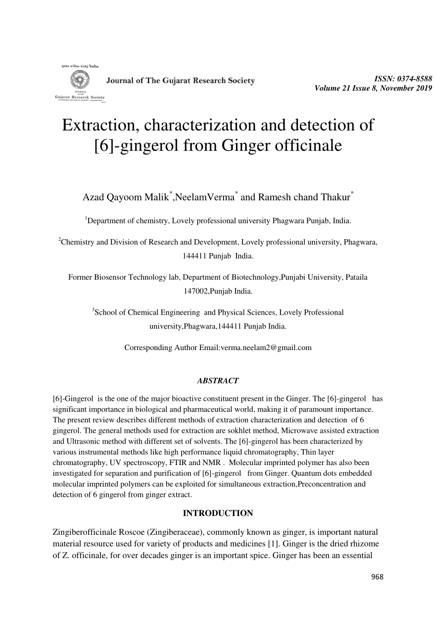 Pdf Extraction Characterization And Detection Of 6 Gingerol From Ginger Officinale