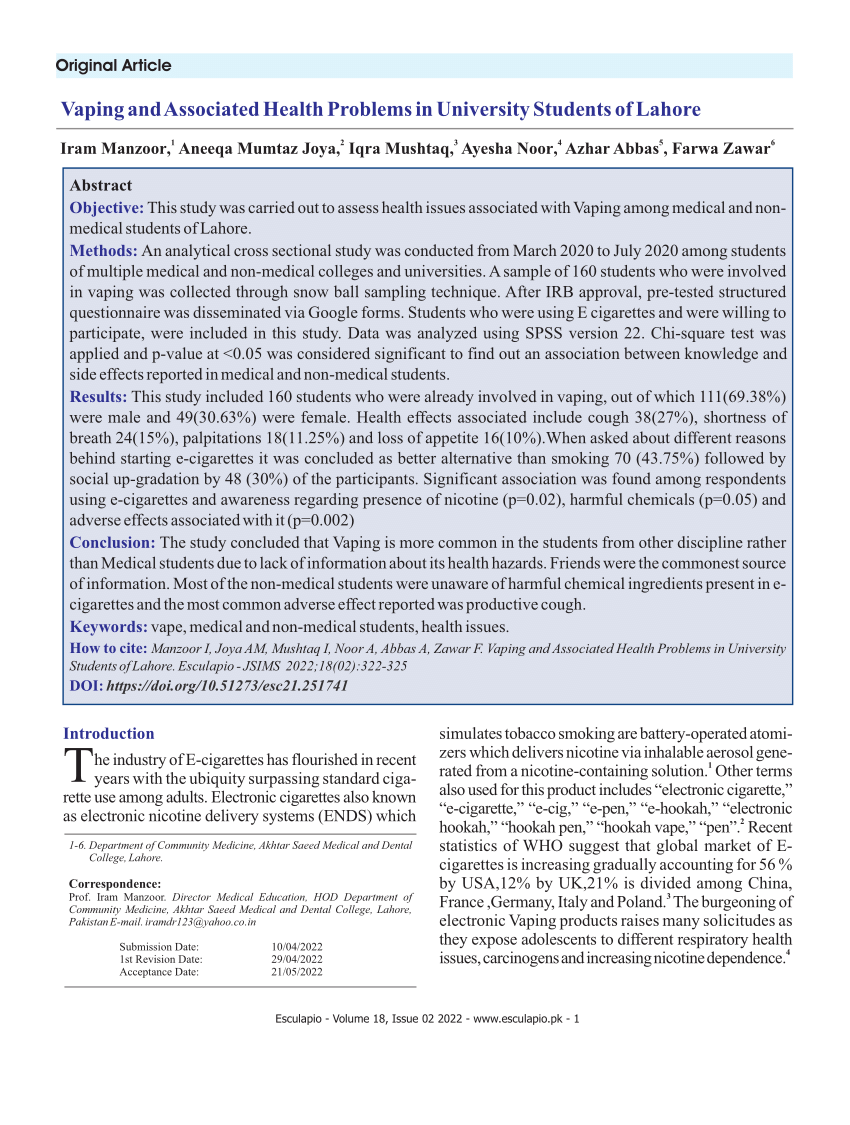 PDF Vaping and Associated Health Problems in University Students