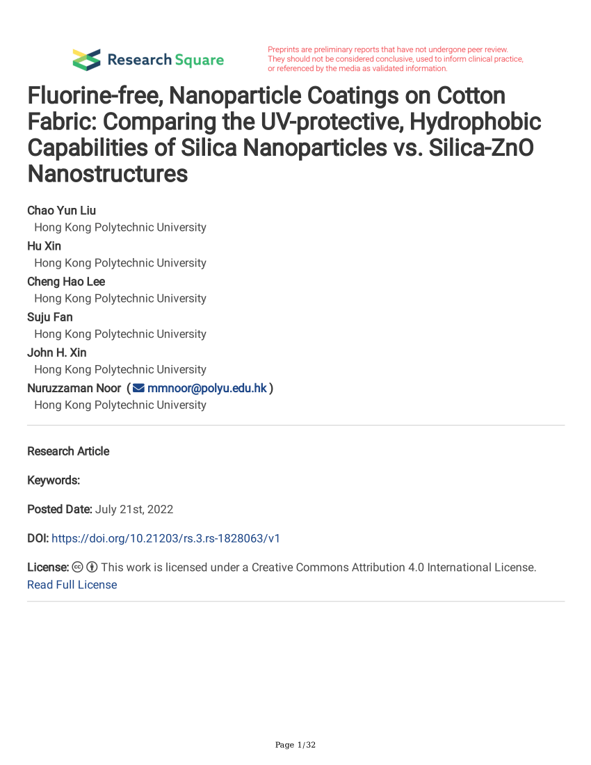 PDF) Fluorine-free, Nanoparticle Coatings on Cotton Fabric 