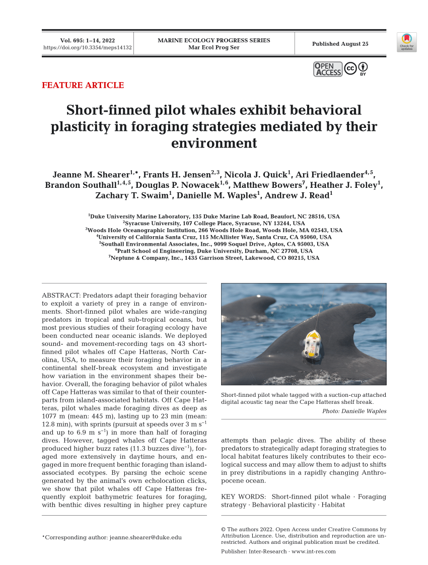 PDF Short Finned Pilot Whales Exhibit Behavioral Plasticity In Foraging Strategies Mediated By