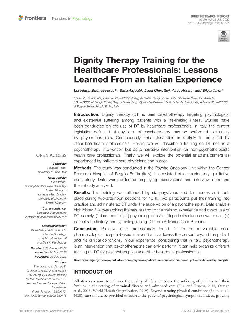 (PDF) Dignity Therapy Training for the Healthcare Professionals