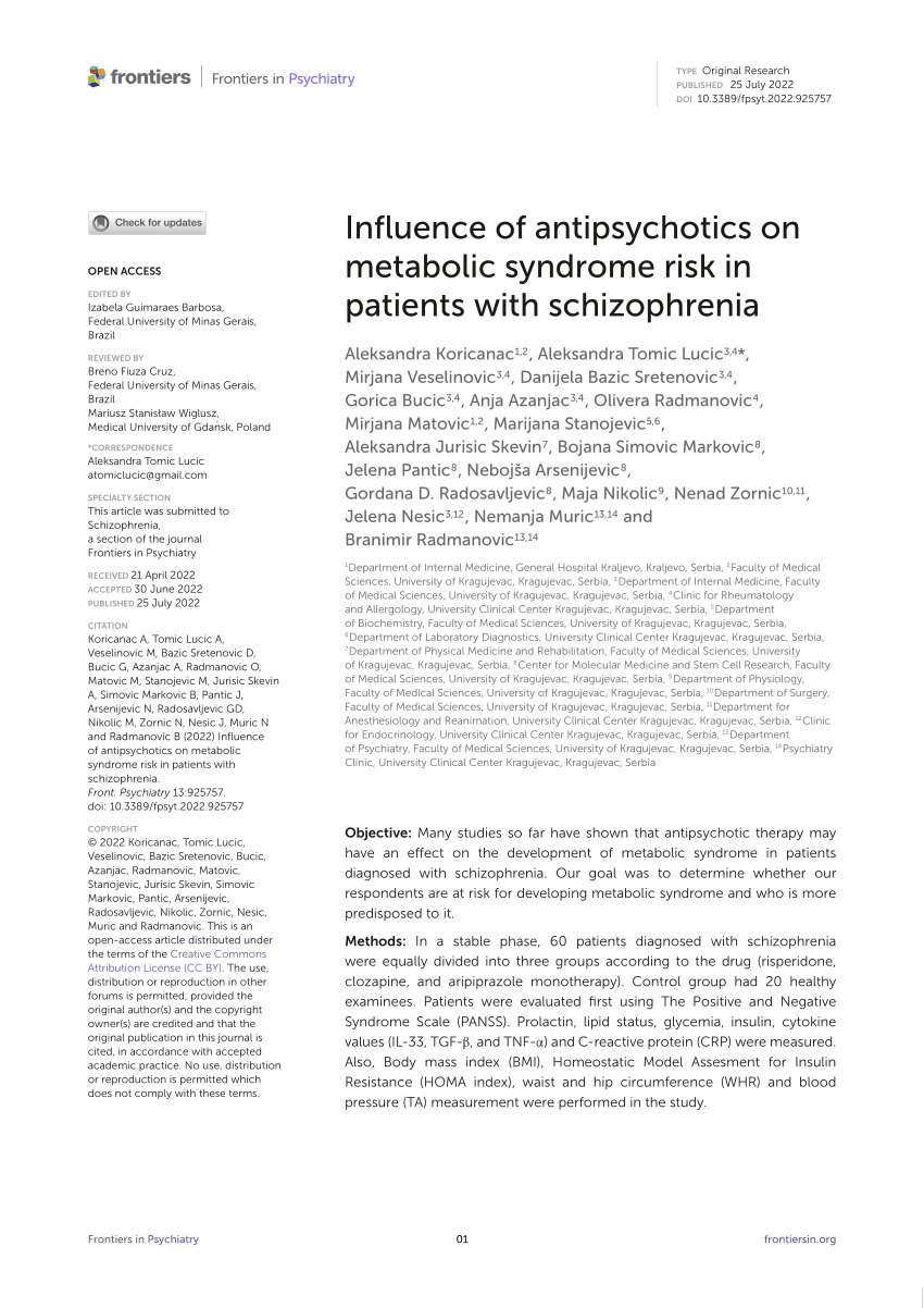 Pdf Influence Of Antipsychotics On Metabolic Syndrome Risk In Patients With Schizophrenia