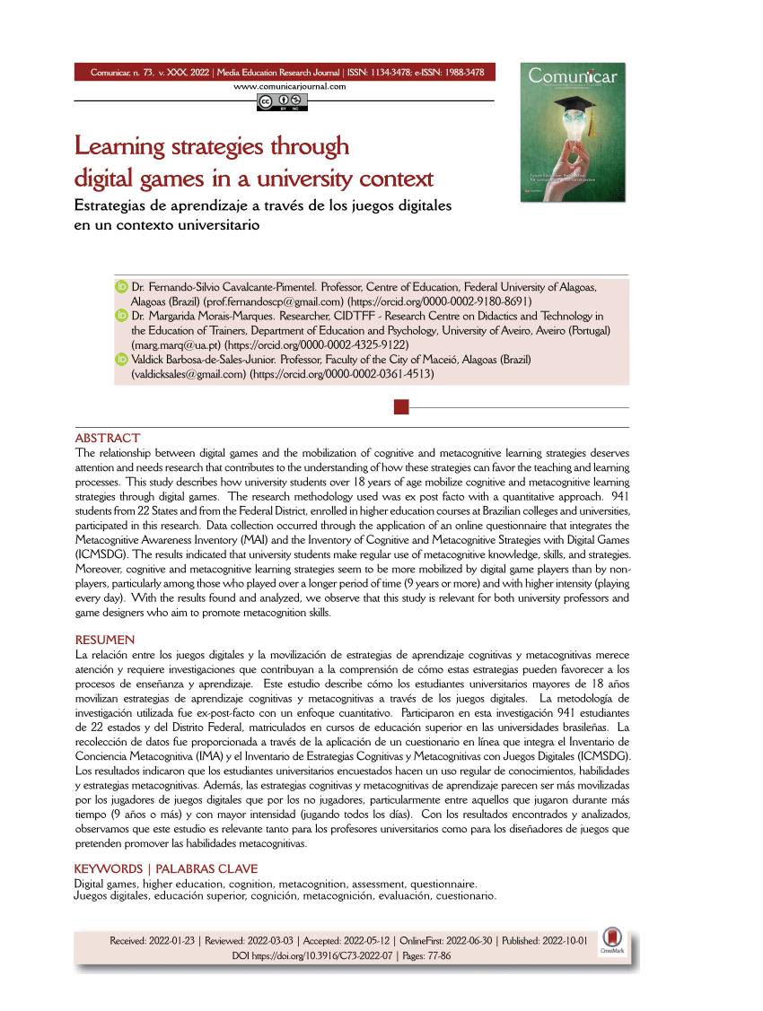 PDF) Learning strategies through digital games in a university context