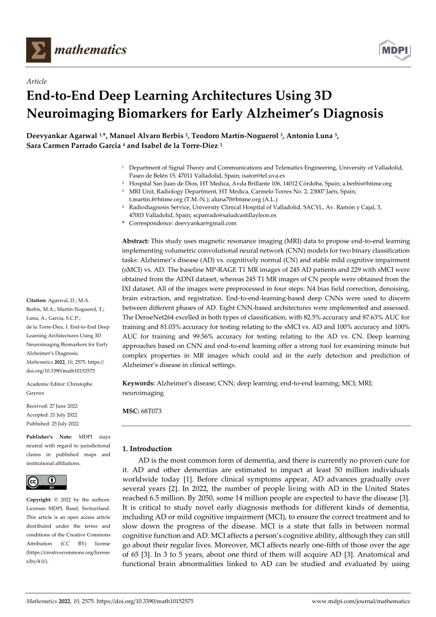 PDF) End-to-End Deep Learning Architectures Using 3D Neuroimaging  Biomarkers for Early Alzheimer's Diagnosis