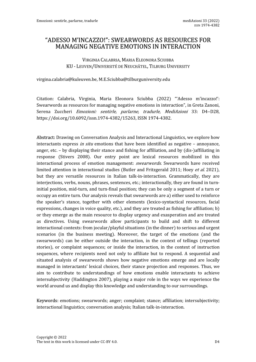 PDF) Adesso m'incazzo!”: Swearwords as resources for managing negative  emotions in interaction [MediAzioni (2022) 33(1), D4-D28.]