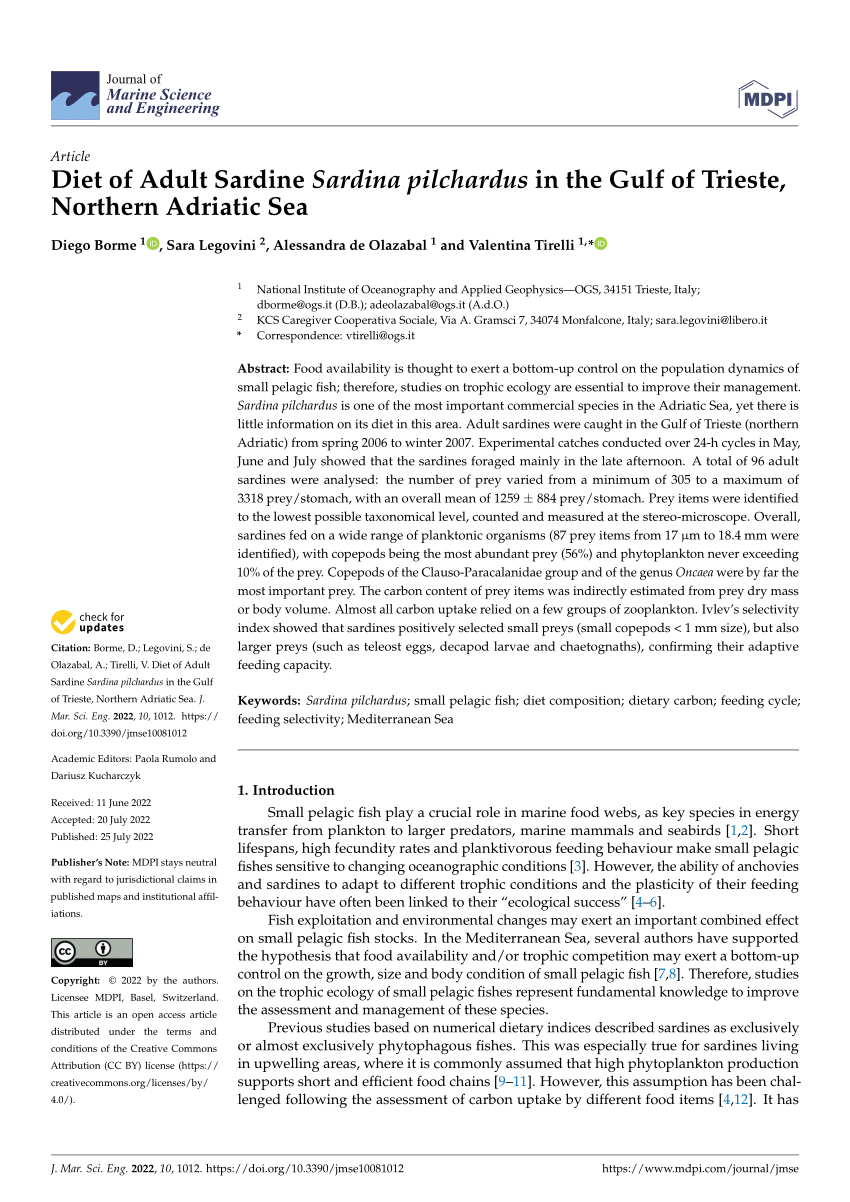 PDF) Diet of Adult Sardine Sardina pilchardus in the Gulf of Trieste,  Northern Adriatic Sea