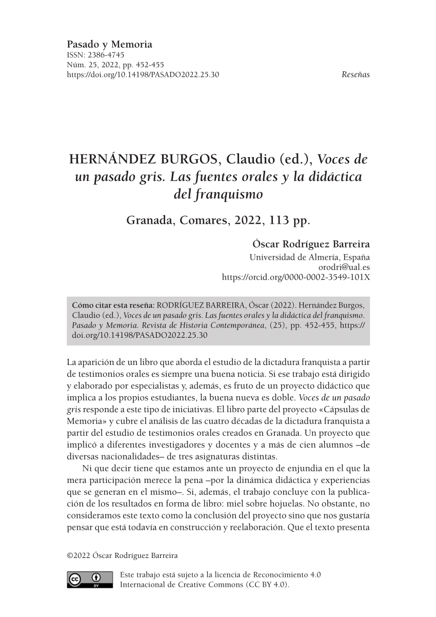 (PDF) HERNÁNDEZ BURGOS, Claudio (ed.), Voces de un pasado gris. Las ...