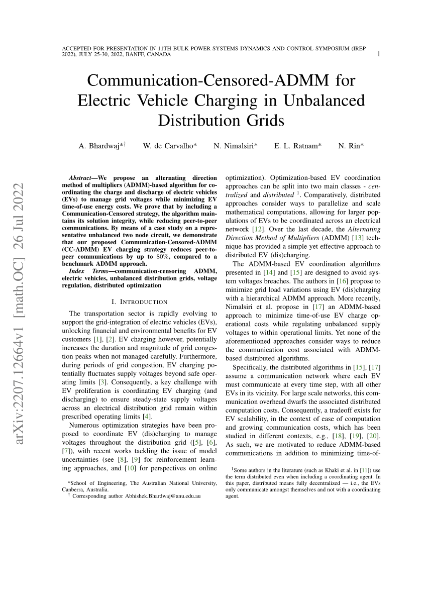 (PDF) CommunicationCensoredADMM for Electric Vehicle Charging in