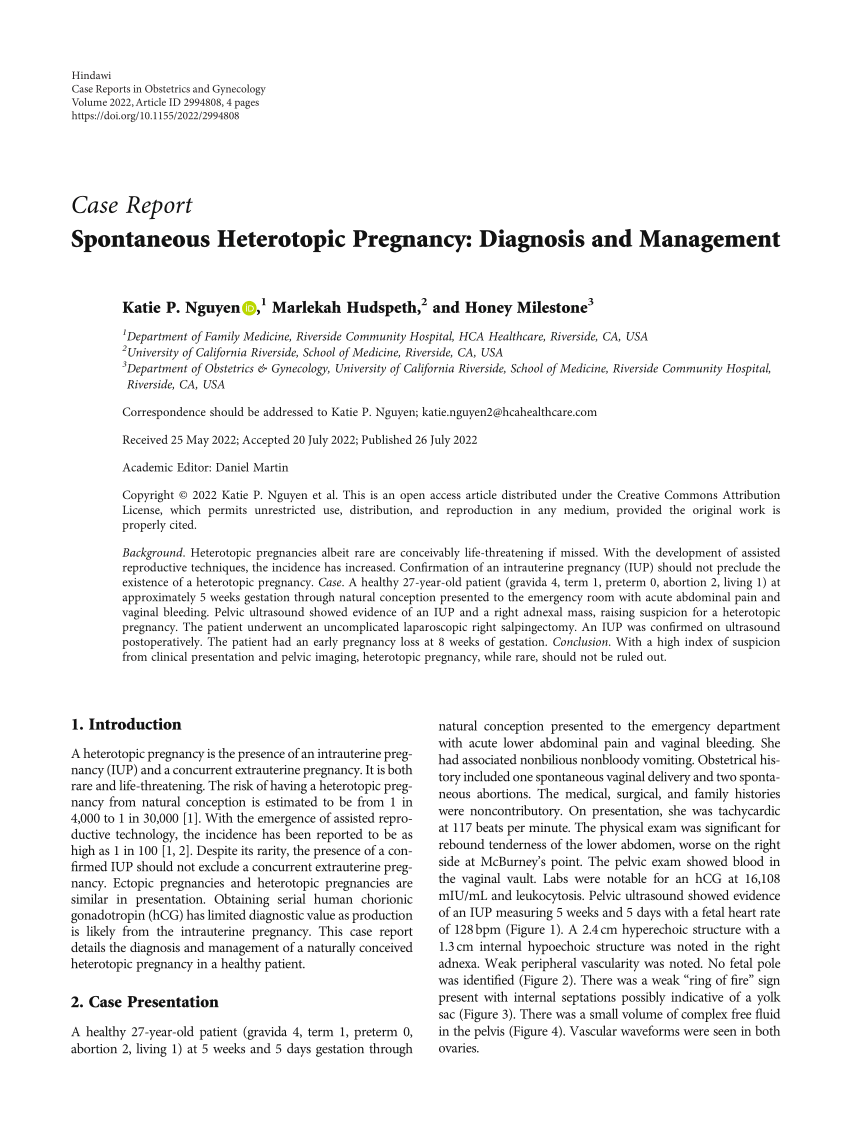 Pdf Spontaneous Heterotopic Pregnancy Diagnosis And Management